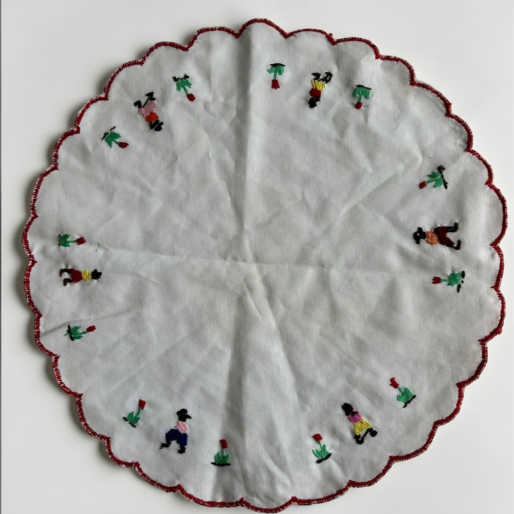 Vintage Hand Embroidered Linen Doily Floral Table Decor
